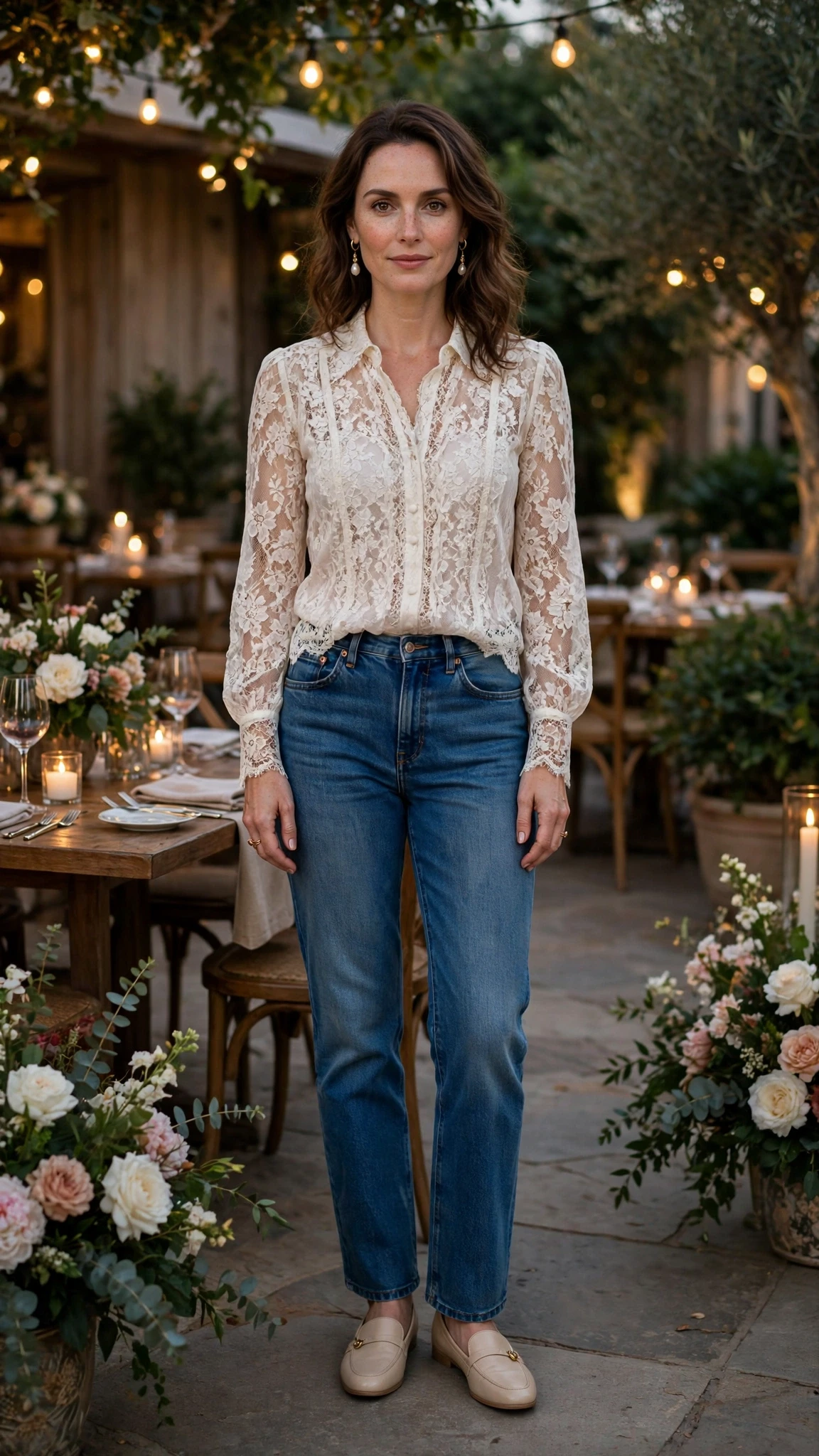 Ivory Lace Blouse and Jeans with pearl drop earrings