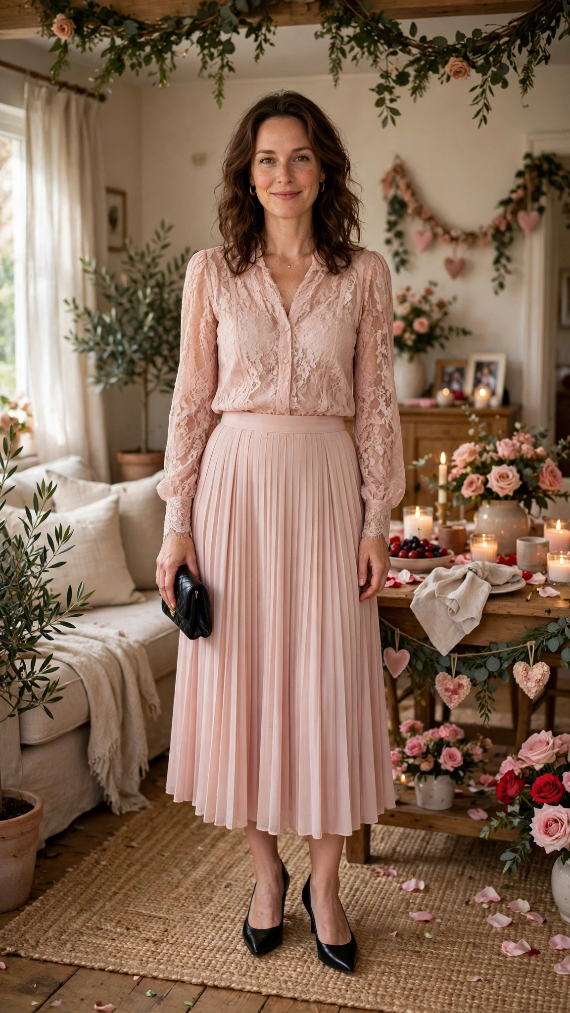 Blush Lace Blouse and Pleated Skirt with a small black clutch