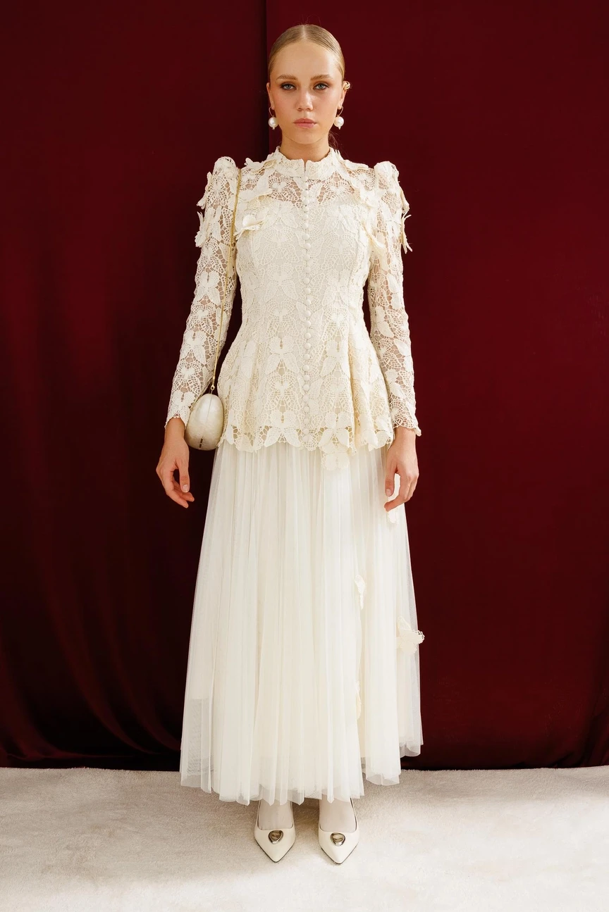 Ivory Lace Blouse and Pleated Skirt with pearl drop earrings