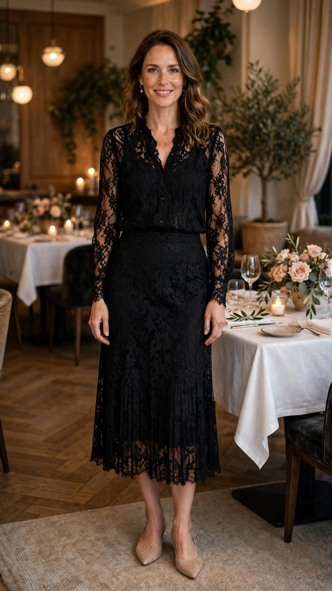 Black Lace Blouse and Midi Skirt with nude pointed flats