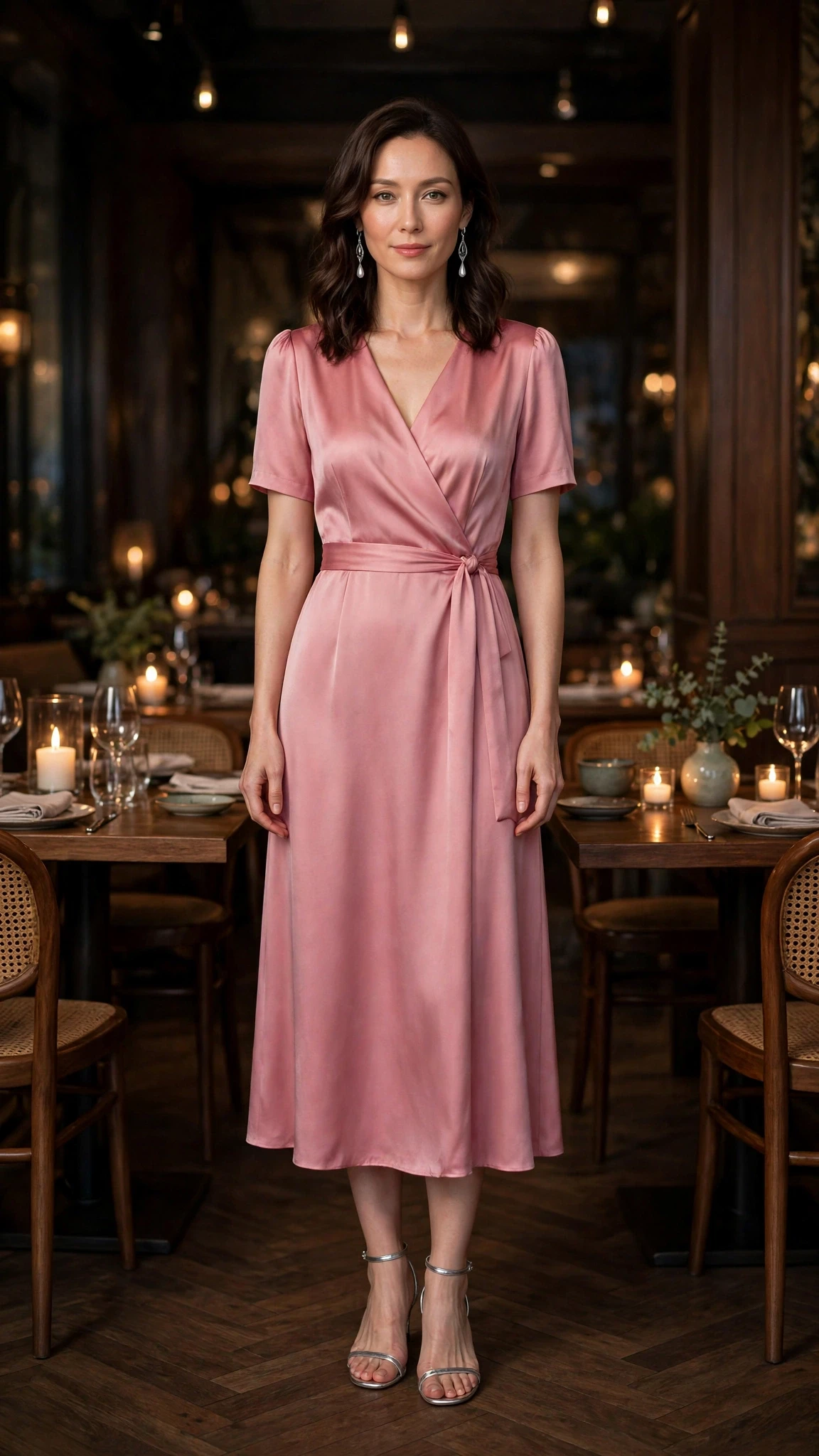 Rose Pink Midi Dress with silver drop earrings