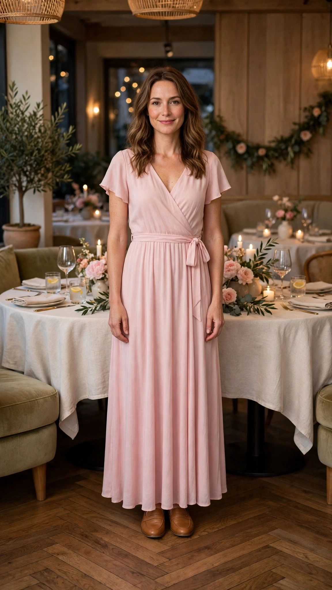Soft Pink Maxi Dress with tan leather loafers