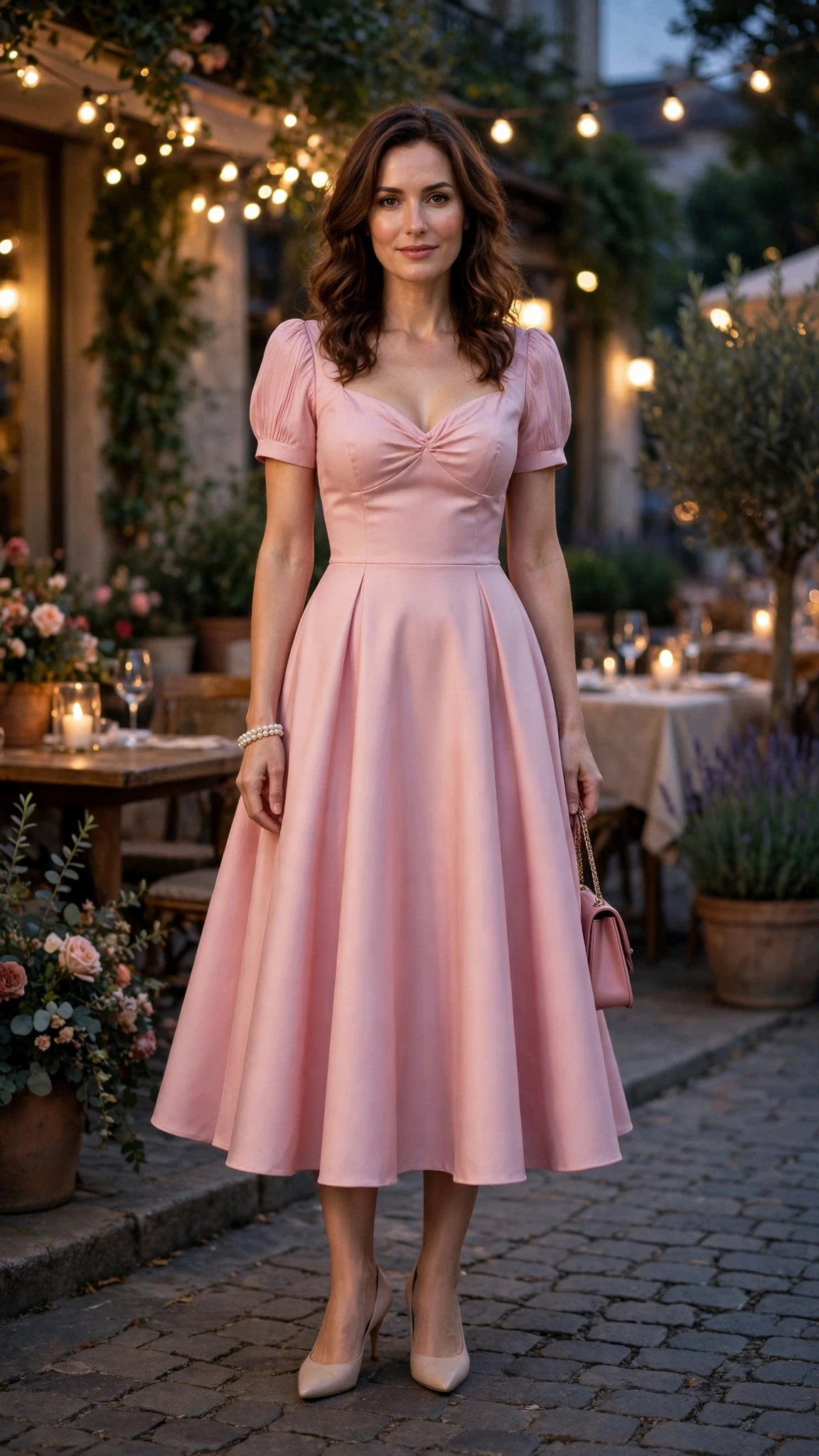 Pink Fit-and-Flare Dress with a pearl bracelet