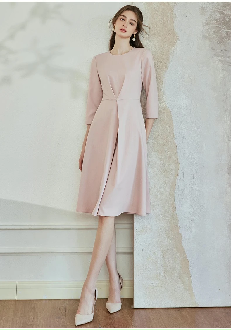 Soft Pink Midi Dress with pearl drop earrings