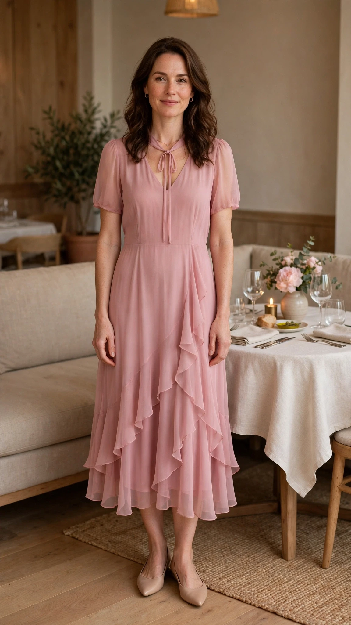 Dusty Pink Chiffon Midi Dress with nude pointed flats