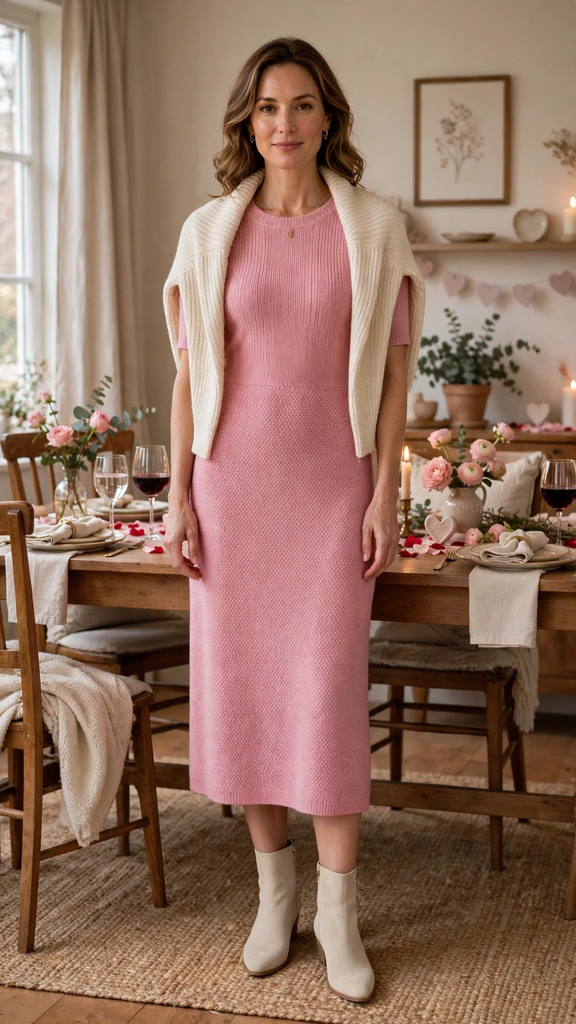 Pink Knit Midi Dress with a cream wrap