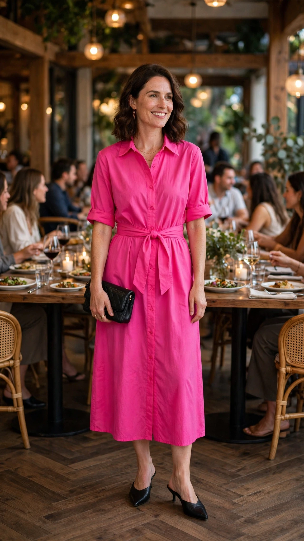 Hot Pink Shirt Dress with a small black clutch