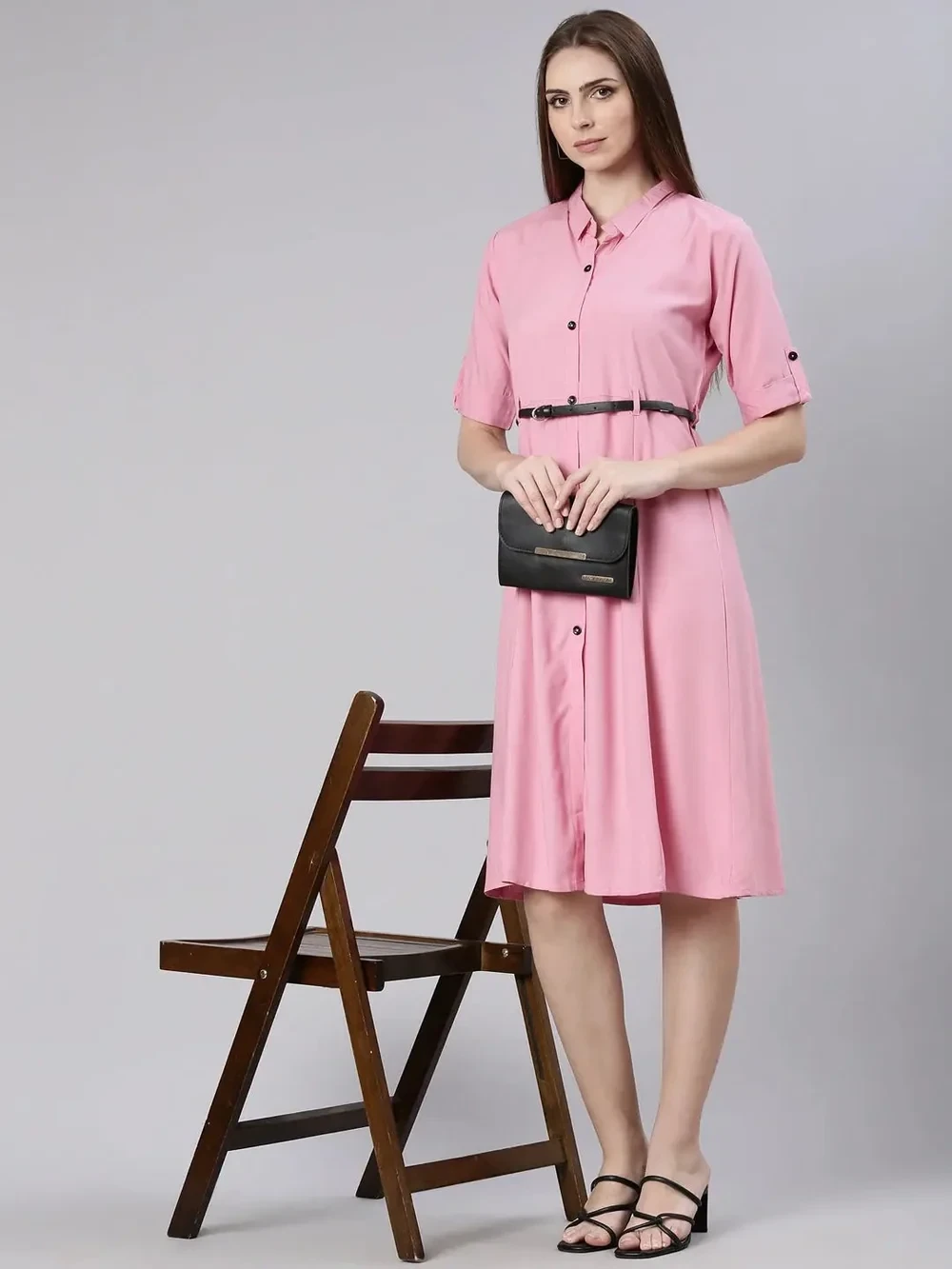 Blush Pink Shirt Dress with a small black clutch