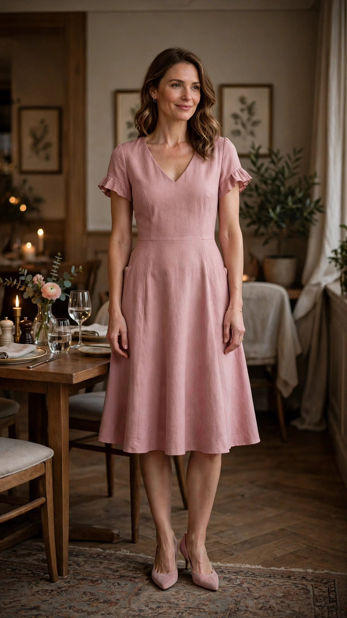 Dusty Pink Fit-and-Flare Dress with a delicate gold bracelet