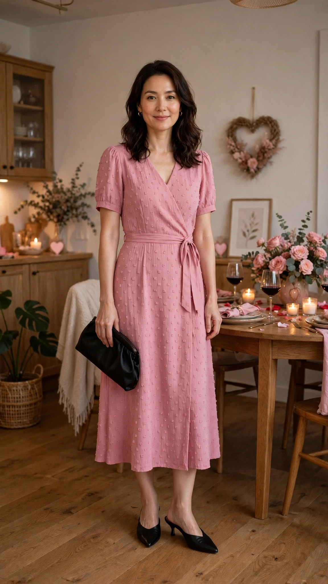 Pink Midi Dress with a black satin clutch