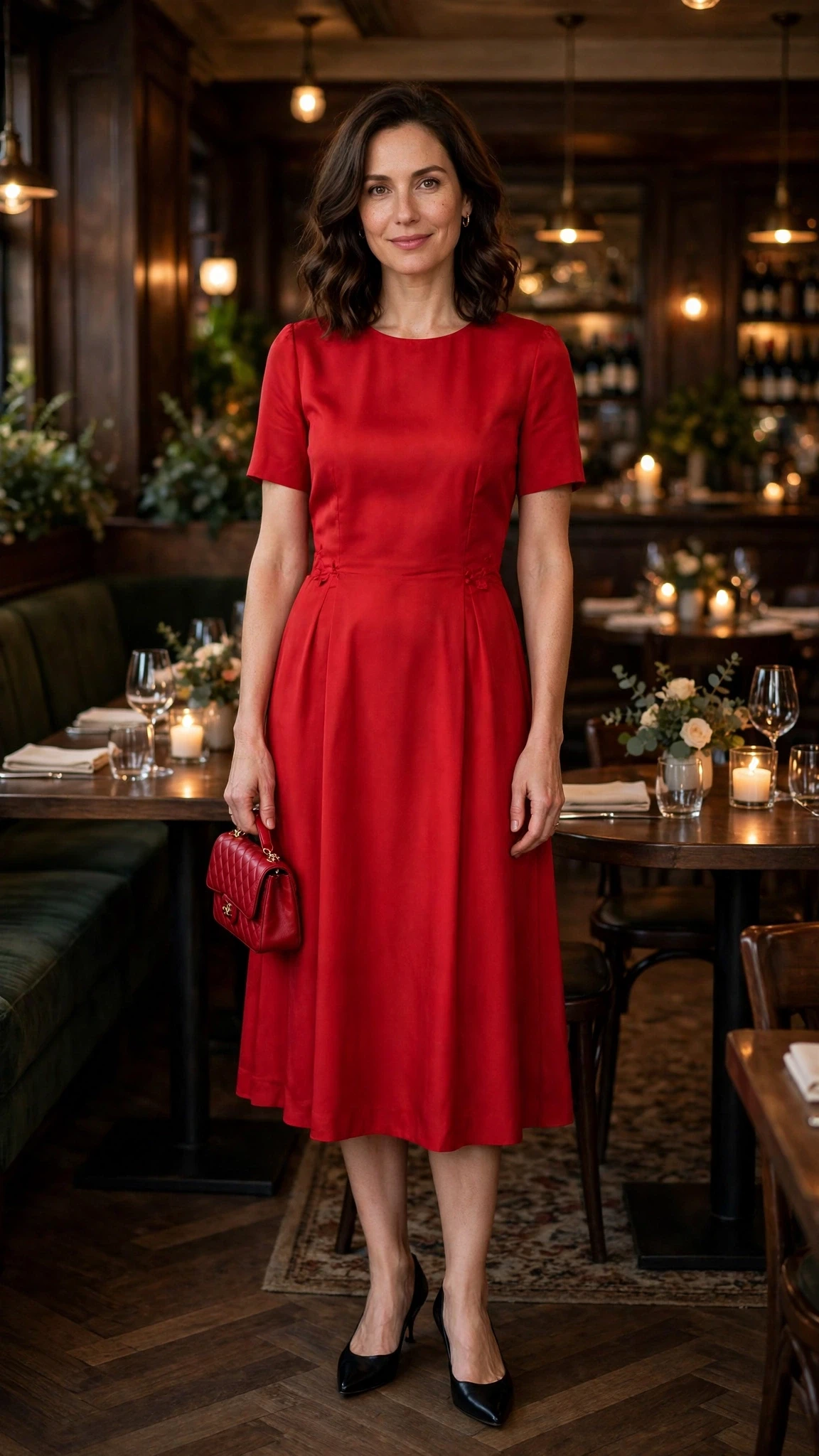 Red Tea-Length Dress with a red clutch