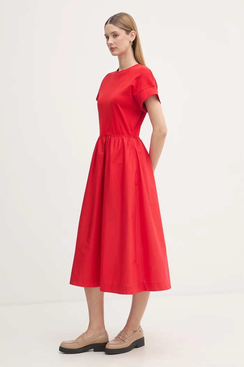 Red Tea-Length Dress with tan leather loafers