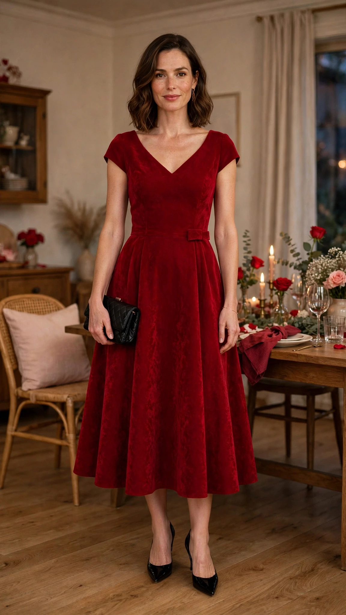 Crimson Fit-and-Flare Dress with a small black clutch