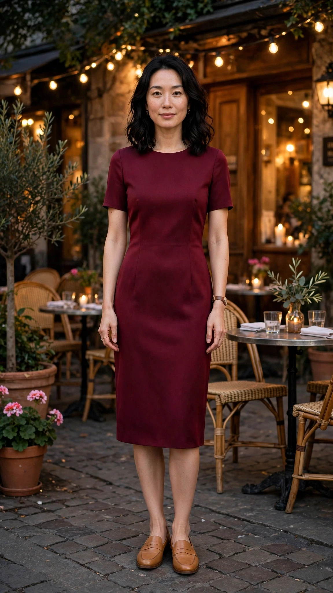 Wine Sheath Dress with tan leather loafers