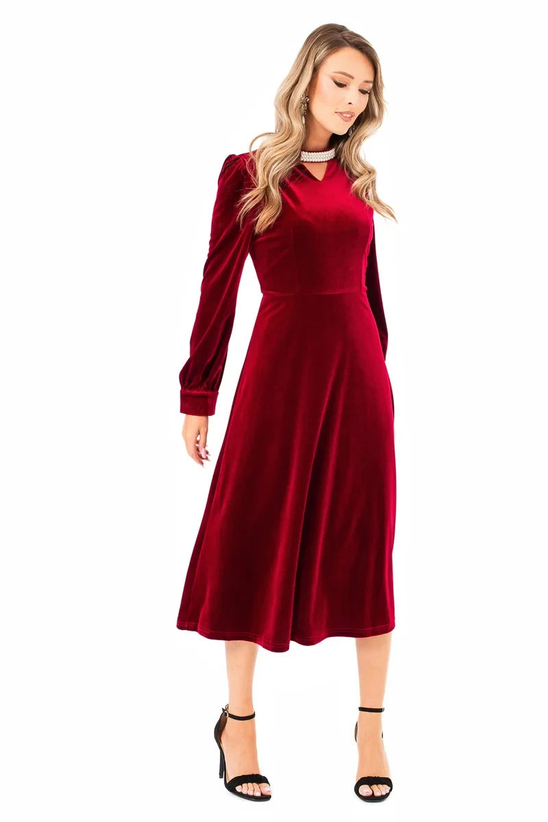Red Velvet Midi Dress with a pearl bracelet