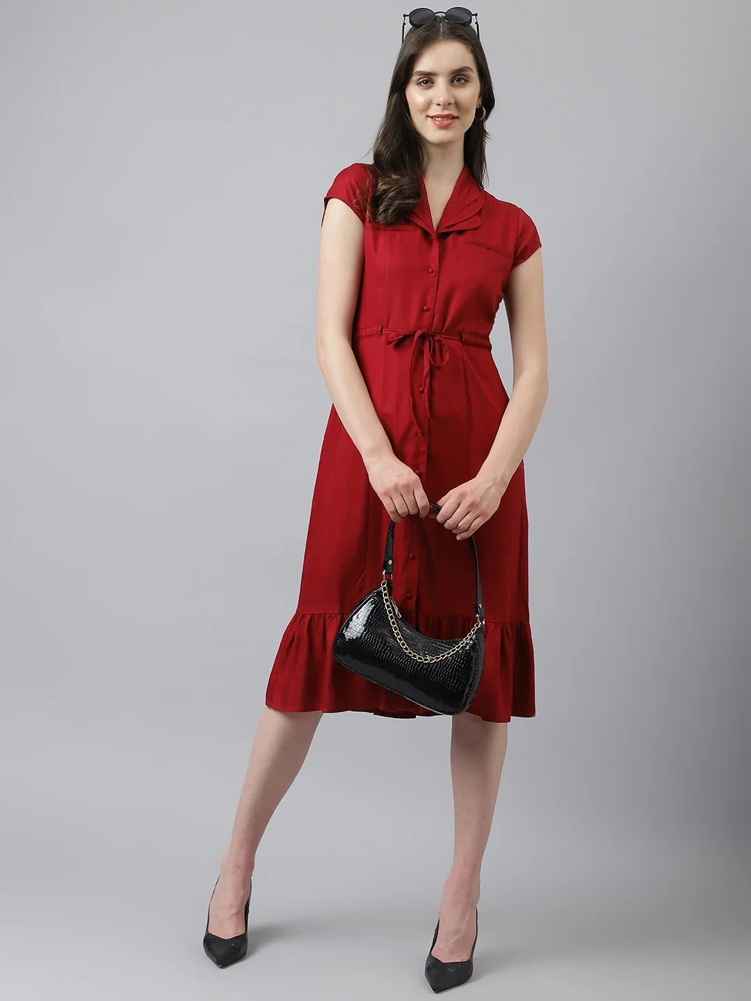Crimson Shirt Dress with a black satin clutch