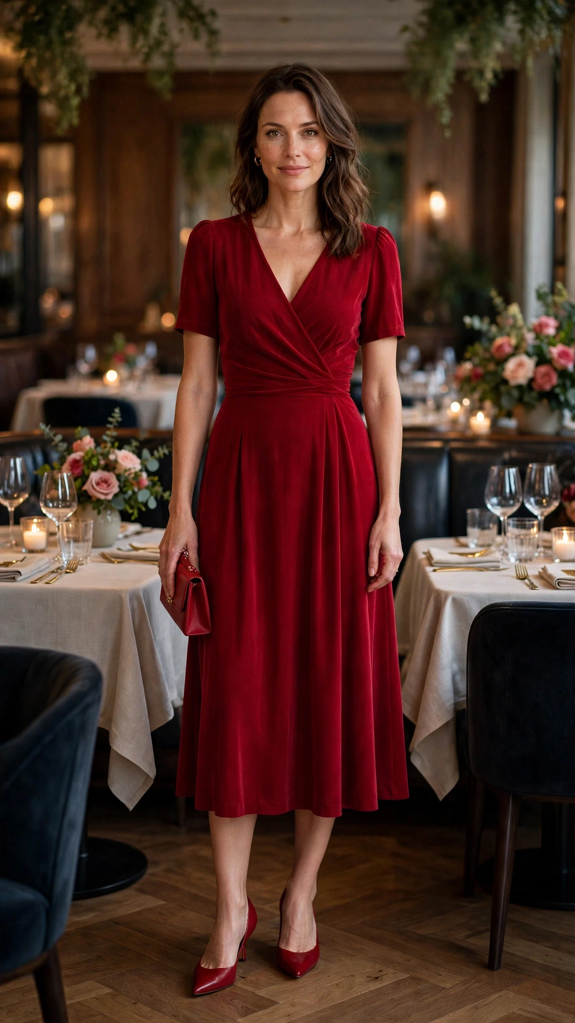 Ruby Midi Dress with a red clutch