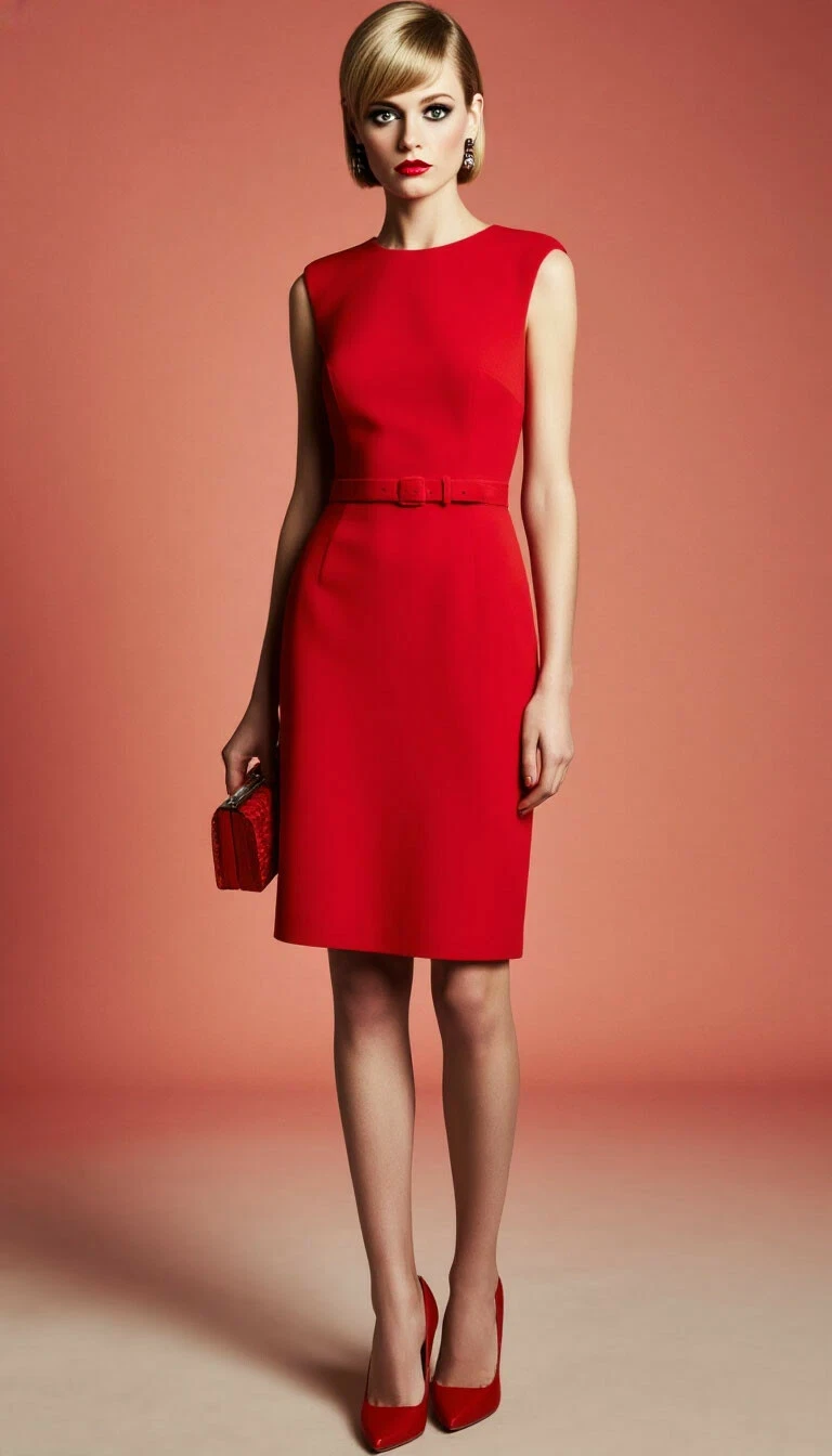 Red Sheath Dress with a red clutch