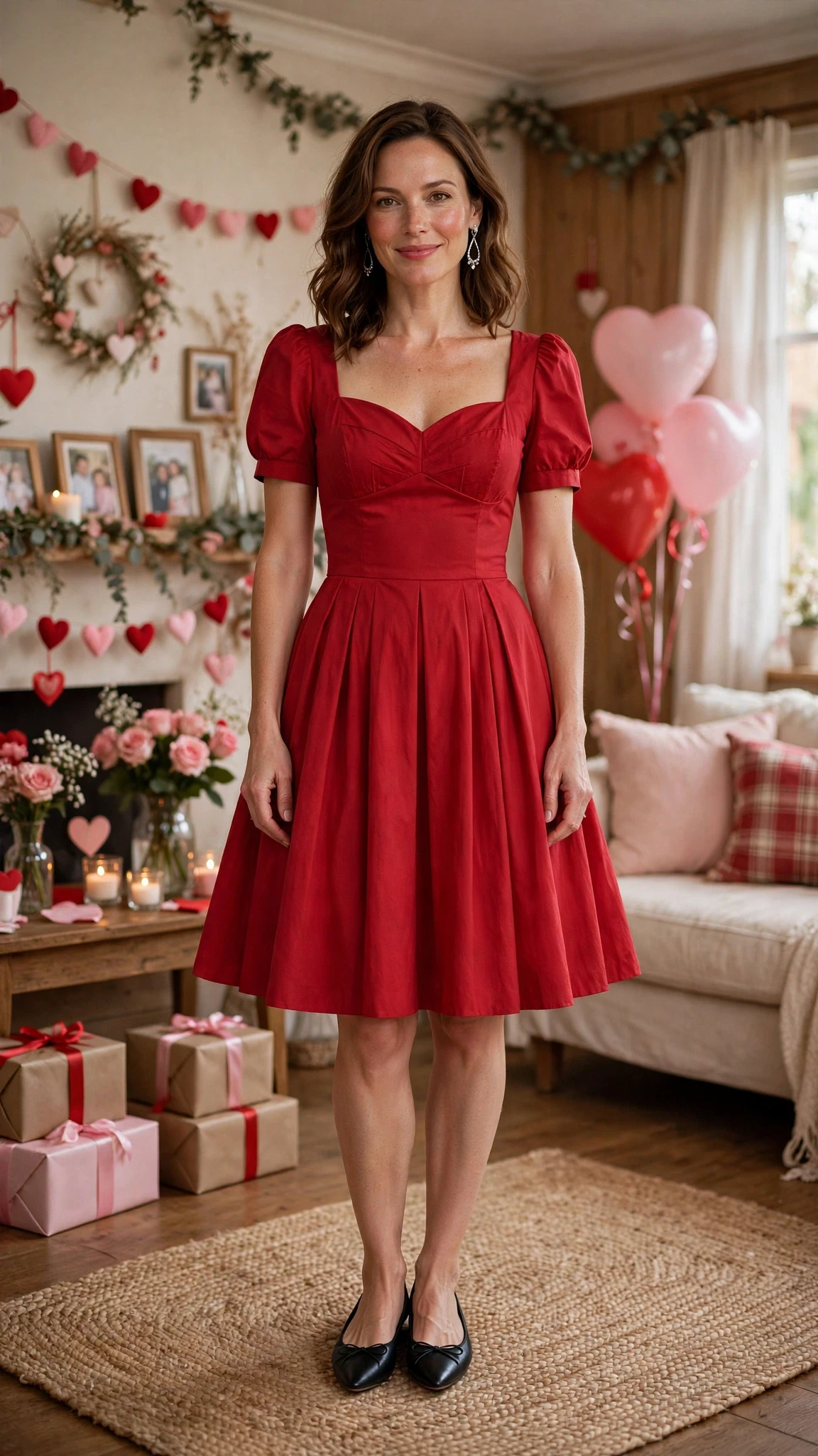 Cherry Fit-and-Flare Dress with silver drop earrings