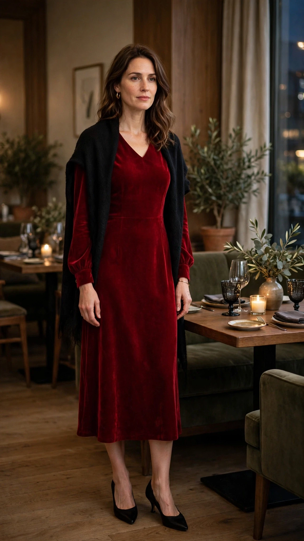 Crimson Long-Sleeve Midi Dress with a soft black shawl