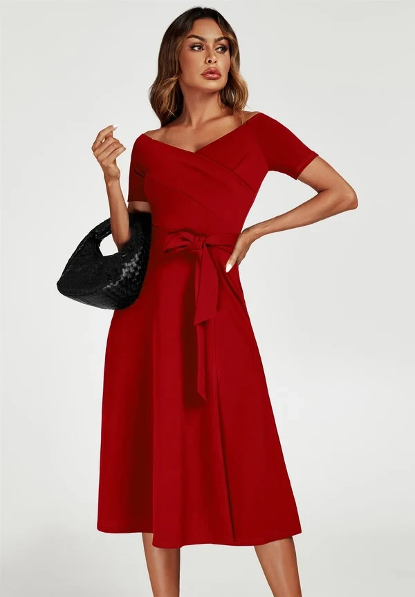 Red Wrap Dress with a black satin clutch