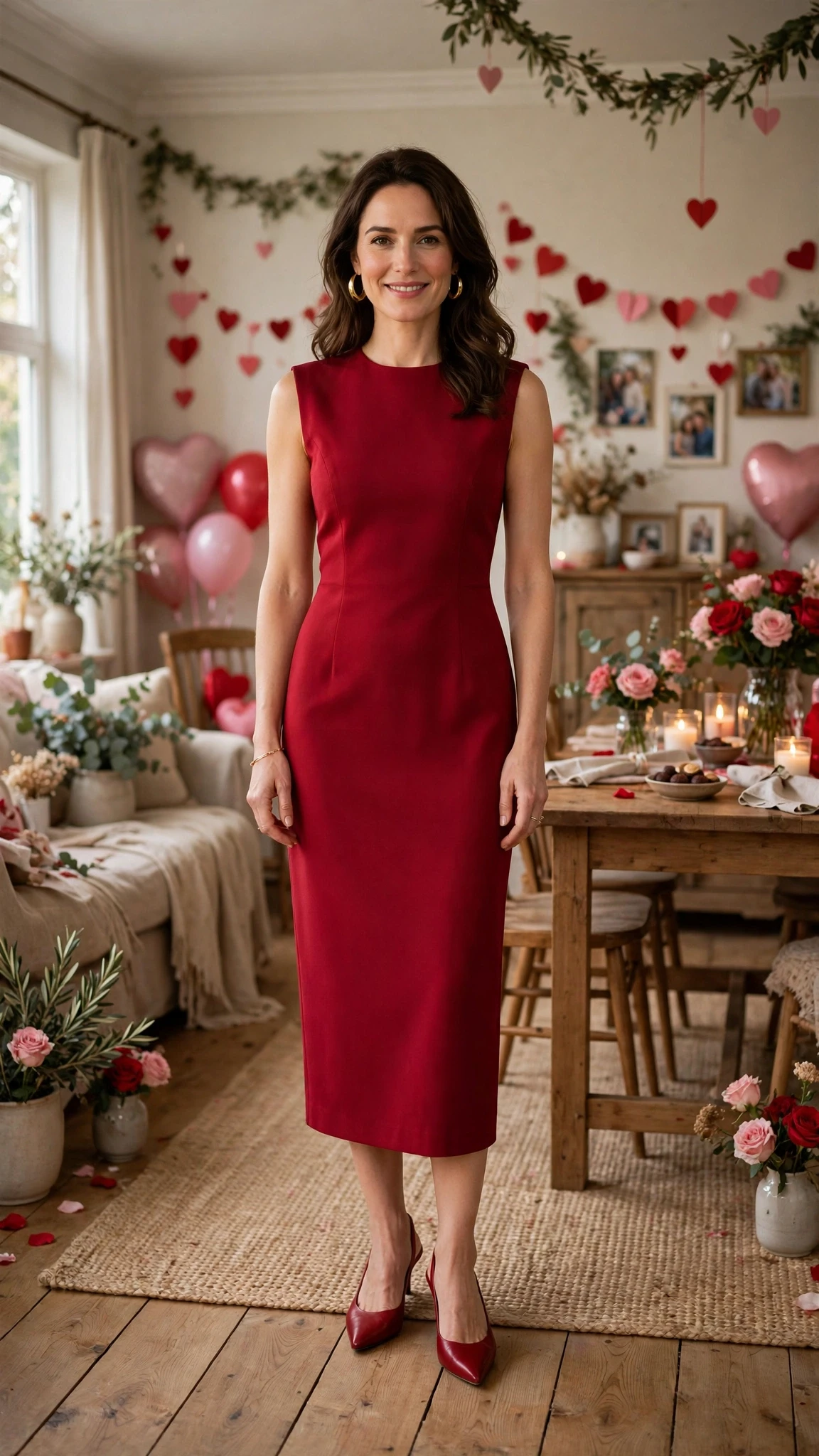 Crimson Sheath Dress with gold hoop earrings