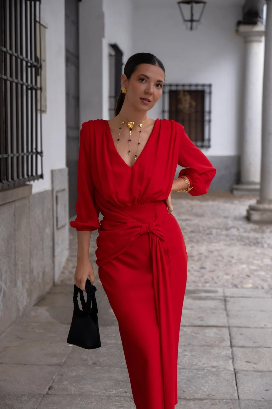 Scarlet Midi Dress with a gold pendant necklace
