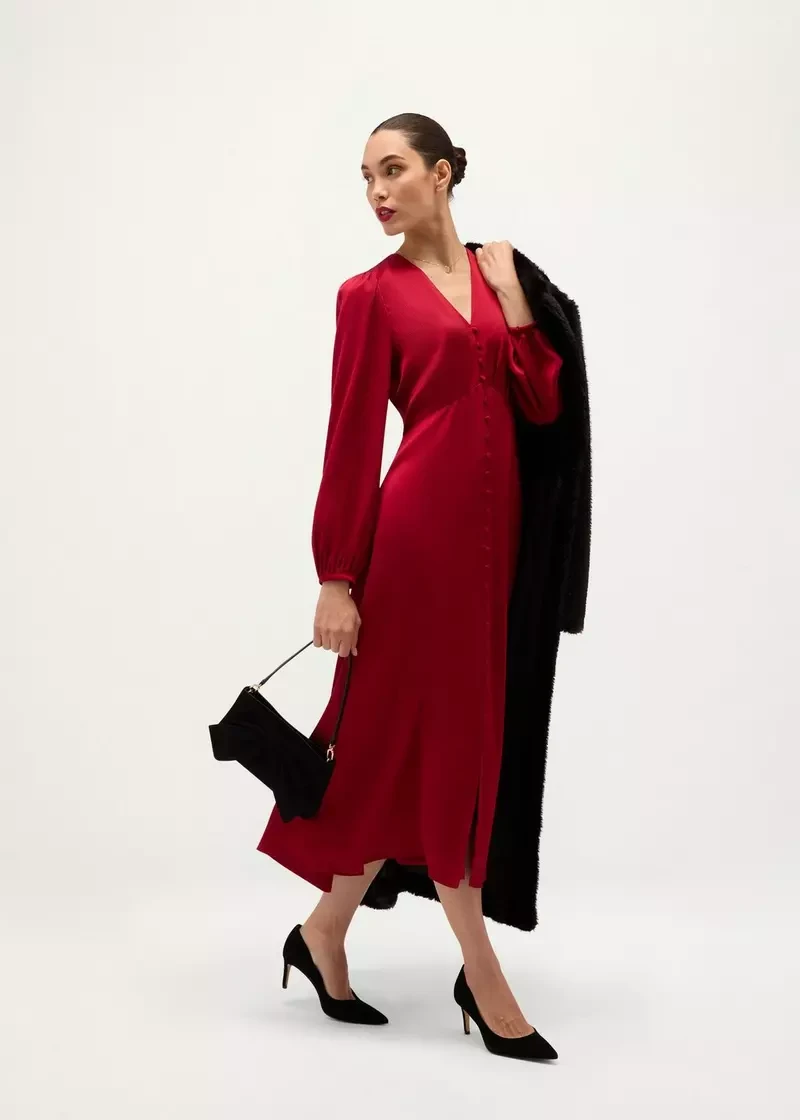 Red Midi Dress with a black satin clutch