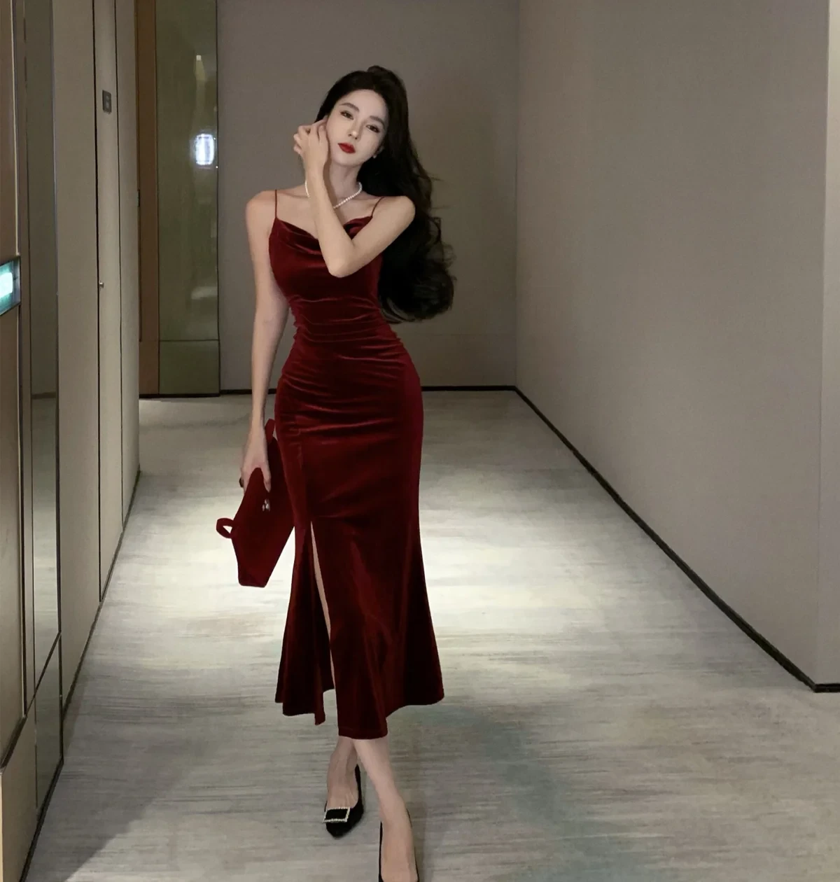 Red Velvet Midi Dress with a red clutch