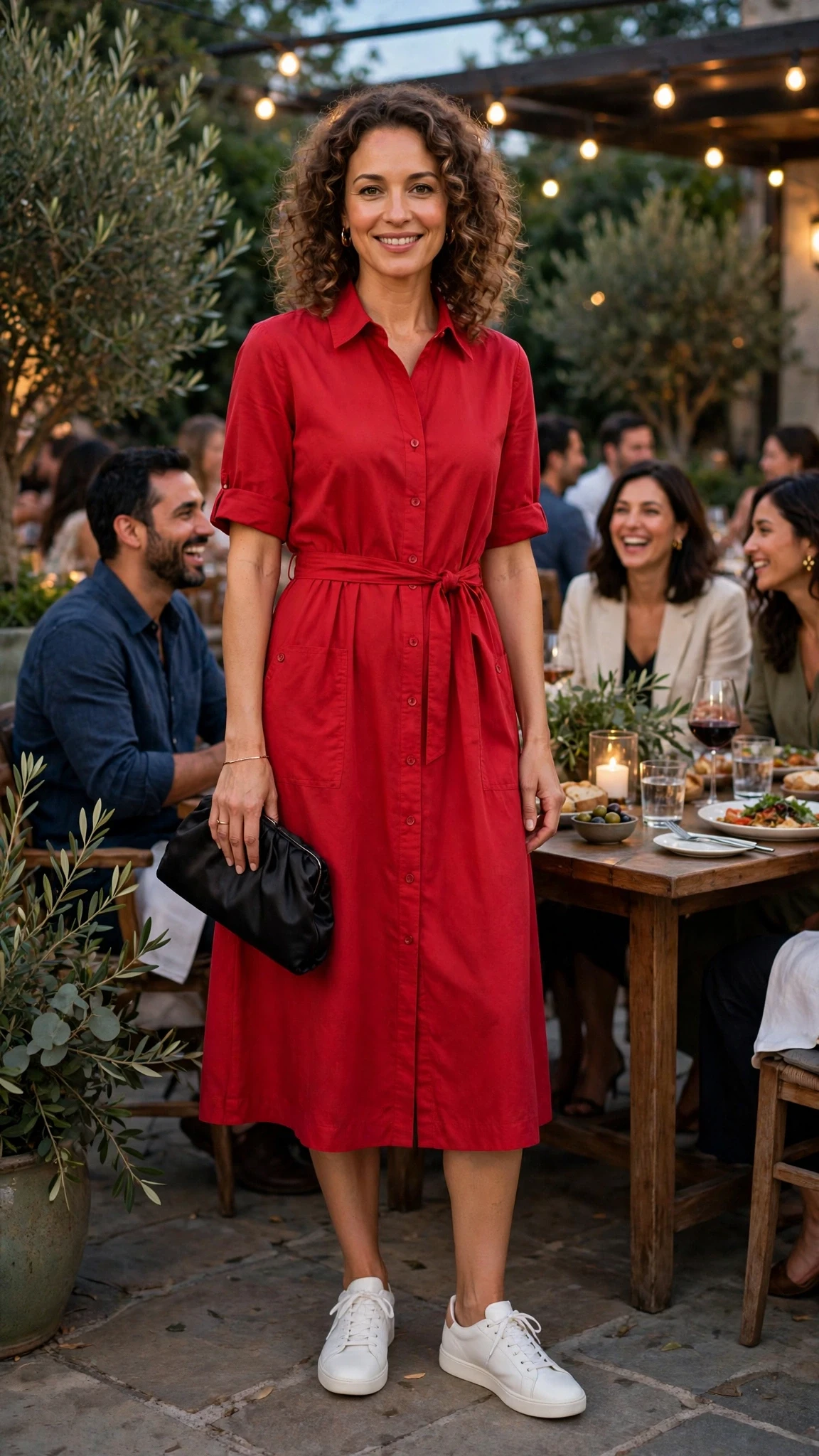 Cherry Shirt Dress with a black satin clutch