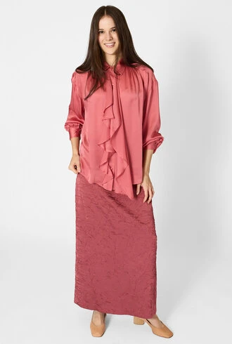 Pink Ruffle Blouse and Satin Skirt with comfortable low heels