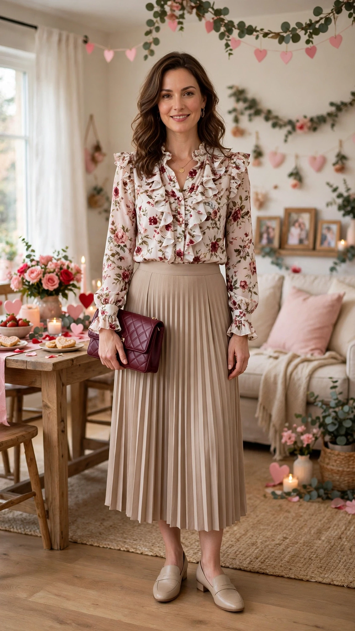 Floral Ruffle Blouse and Pleated Skirt with a burgundy clutch