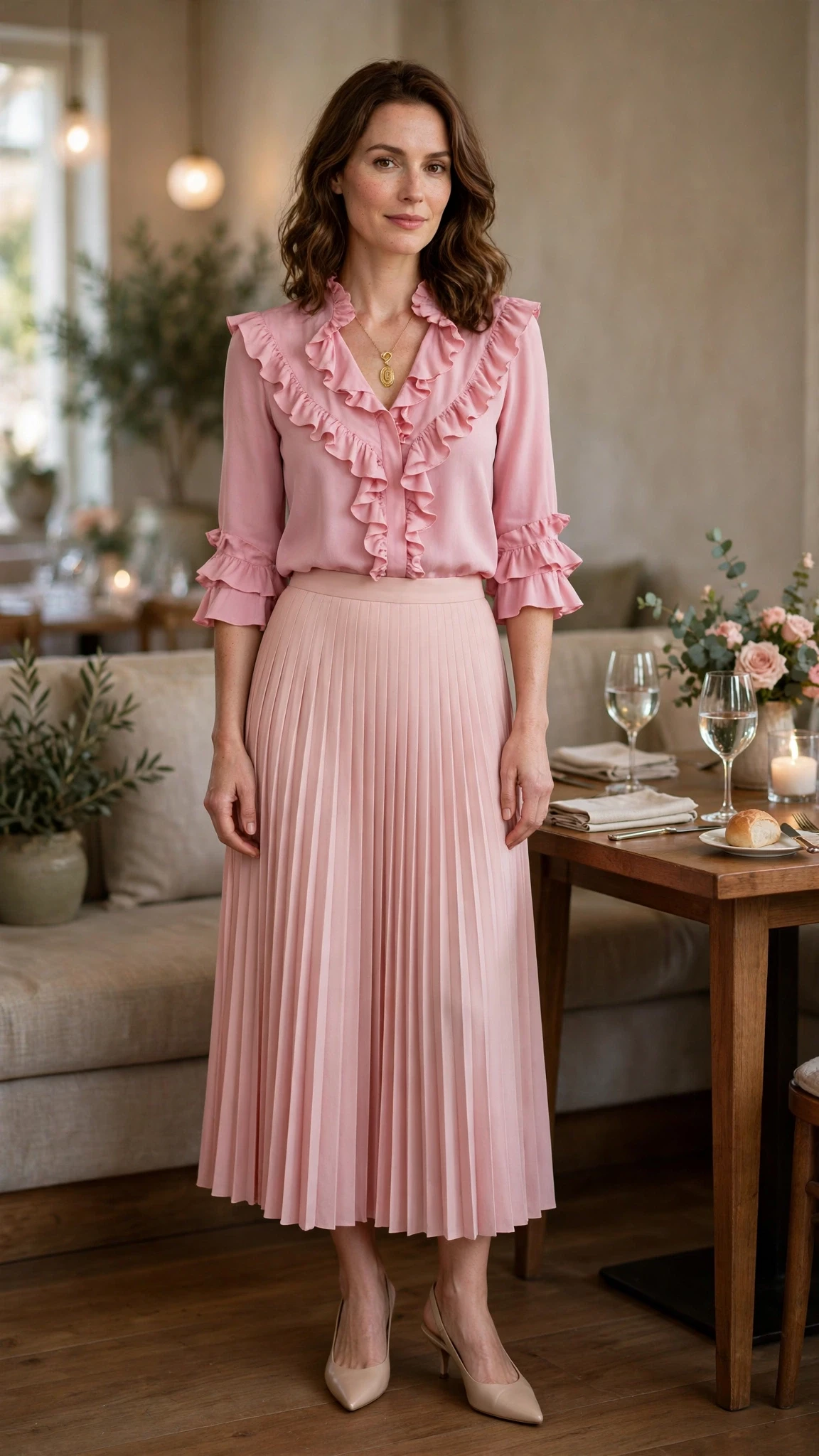 Pink Ruffle Blouse and Pleated Skirt with a gold pendant necklace