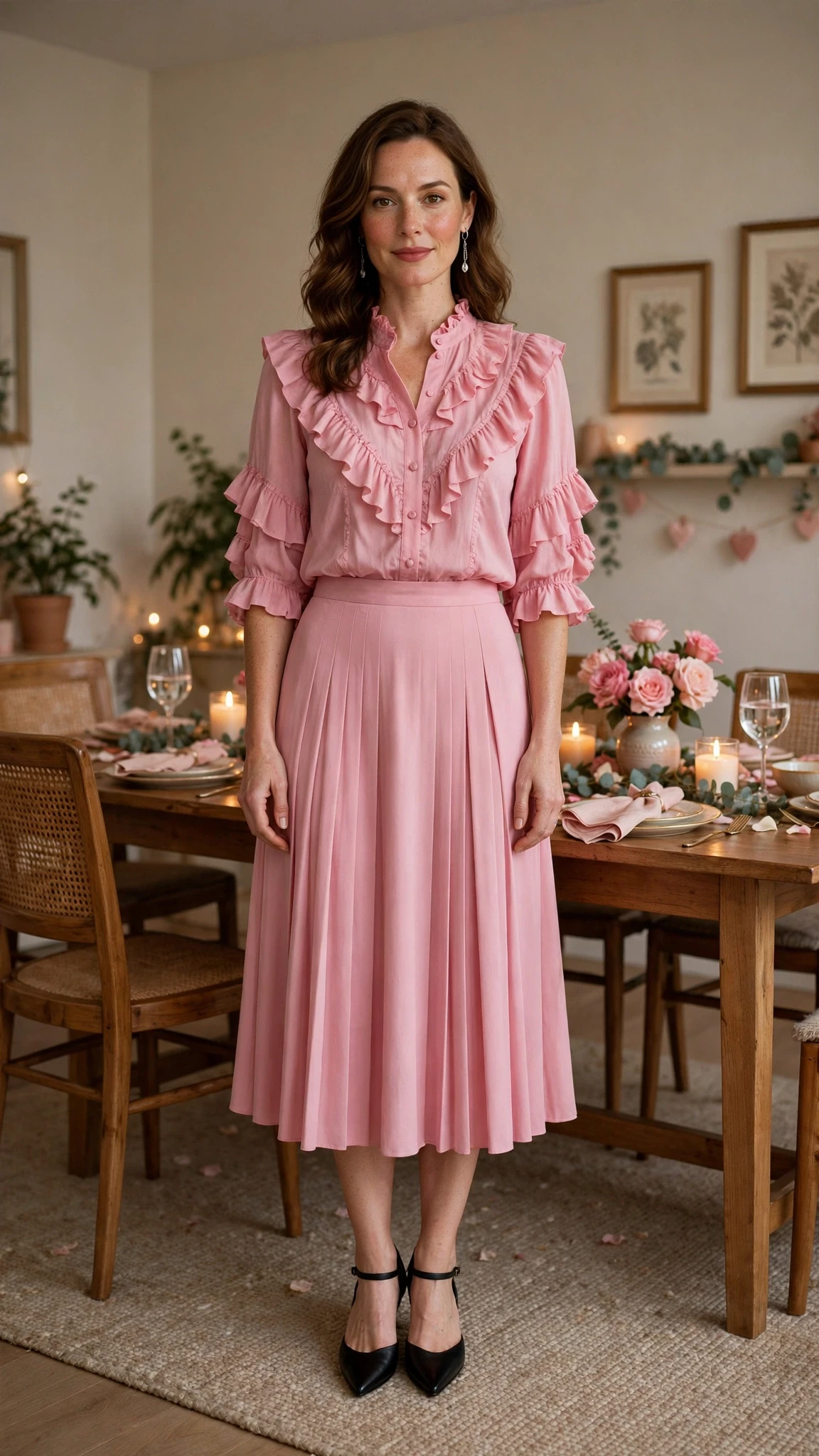 Pink Ruffle Blouse and Midi Skirt with silver drop earrings