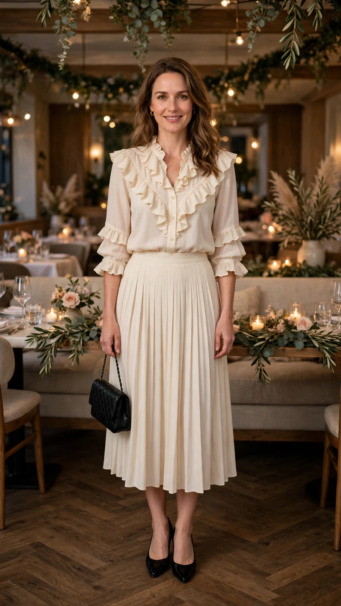 Cream Ruffle Blouse and Midi Skirt with a small black clutch