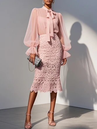 Pink Ruffle Blouse and Pencil Skirt with silver drop earrings