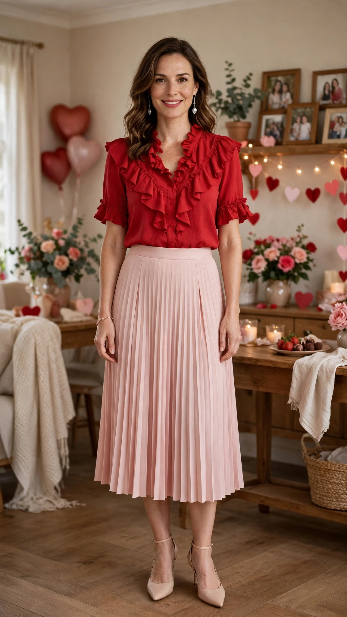 Red Ruffle Blouse and Pleated Skirt with silver drop earrings