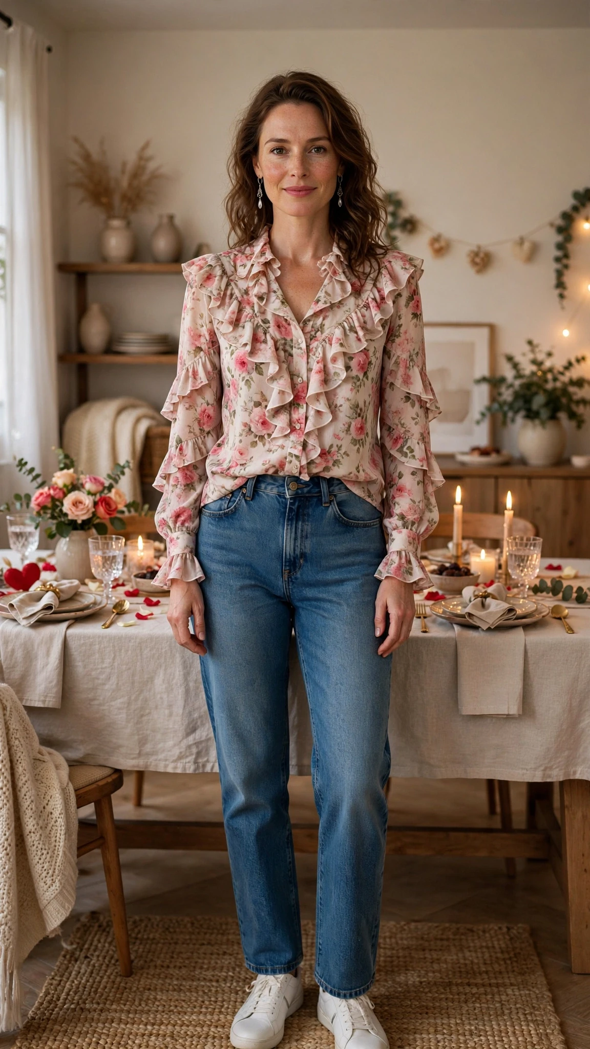 Floral Ruffle Blouse and Jeans with silver drop earrings