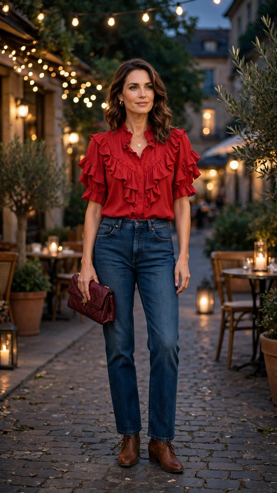 Red Ruffle Blouse and Jeans with a burgundy clutch