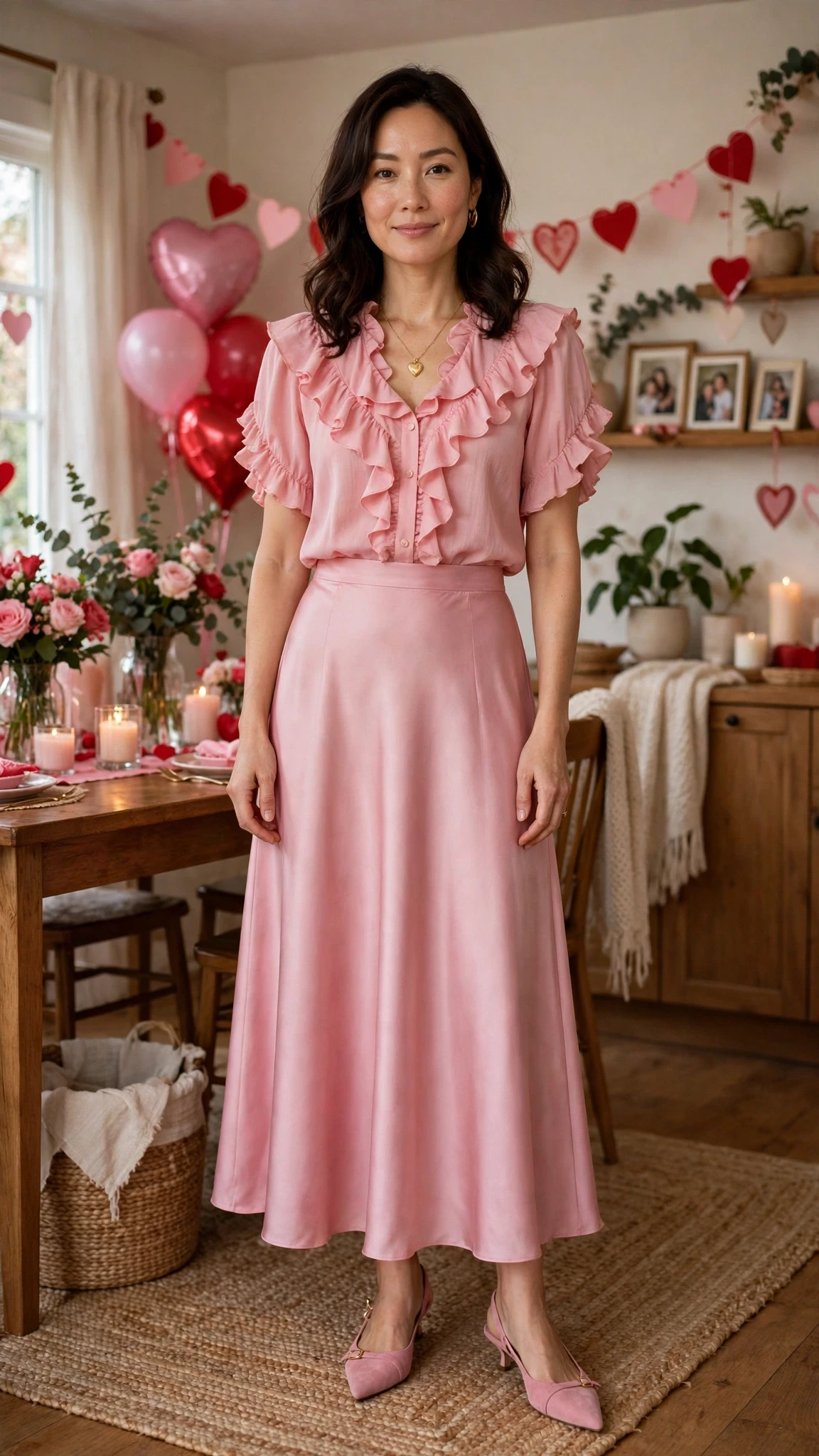 Pink Ruffle Blouse and Satin Skirt with a gold pendant necklace