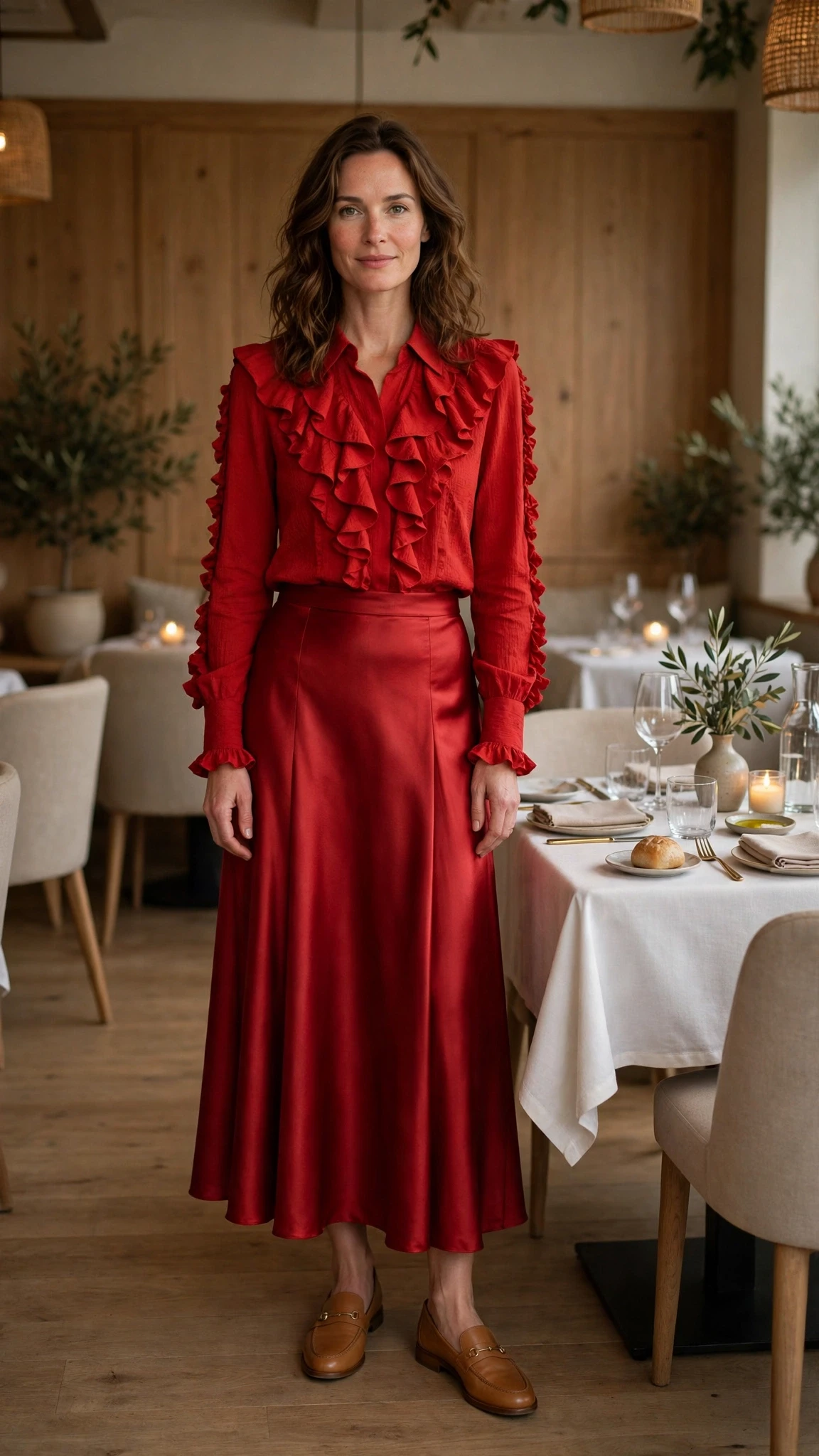 Red Ruffle Blouse and Satin Skirt with tan leather loafers