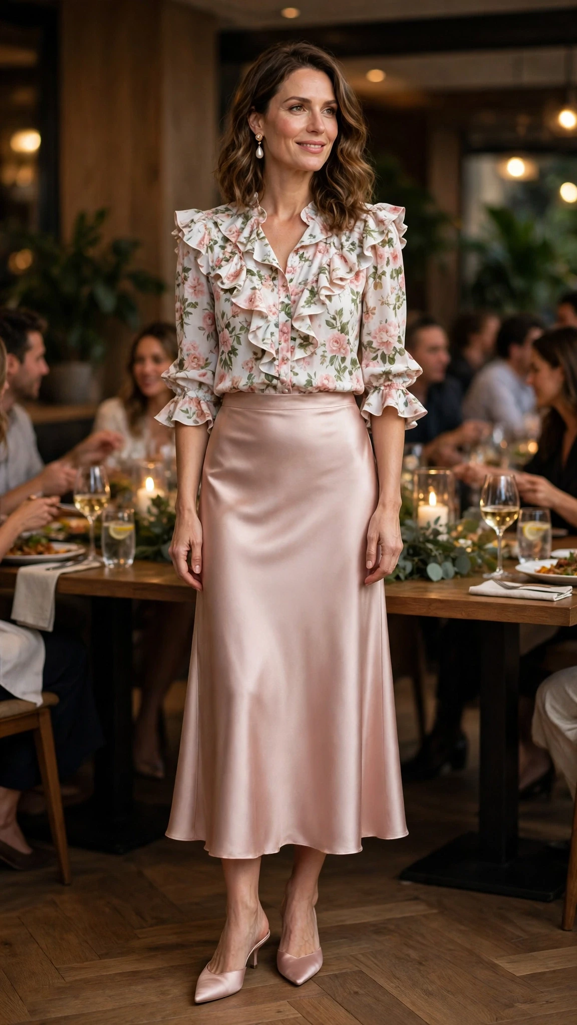 Floral Ruffle Blouse and Satin Skirt with pearl drop earrings