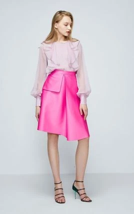 Pink Ruffle Blouse and Midi Skirt with black block-heel pumps
