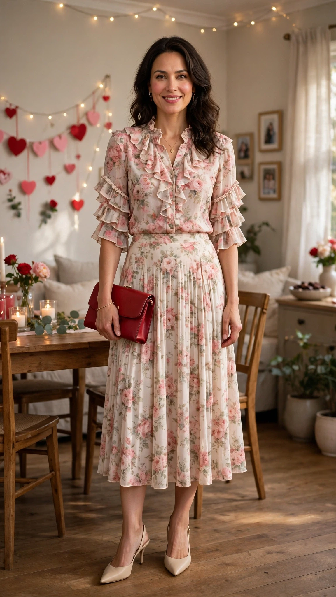 Floral Ruffle Blouse and Midi Skirt with a red clutch