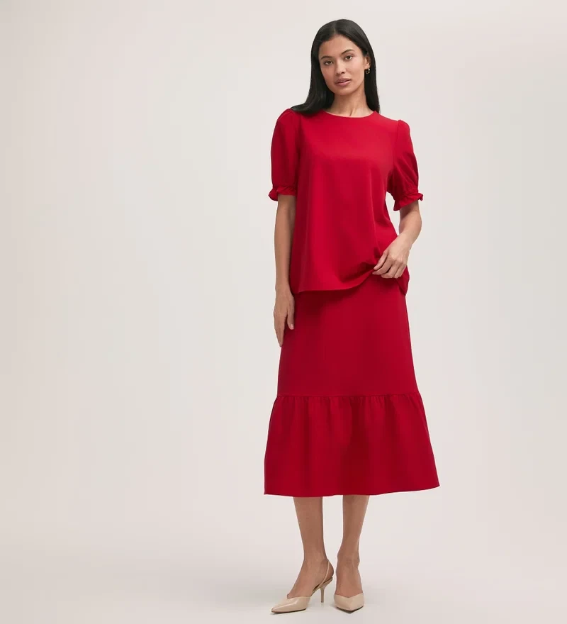 Red Ruffle Sleeve Blouse and Skirt with comfortable low heels