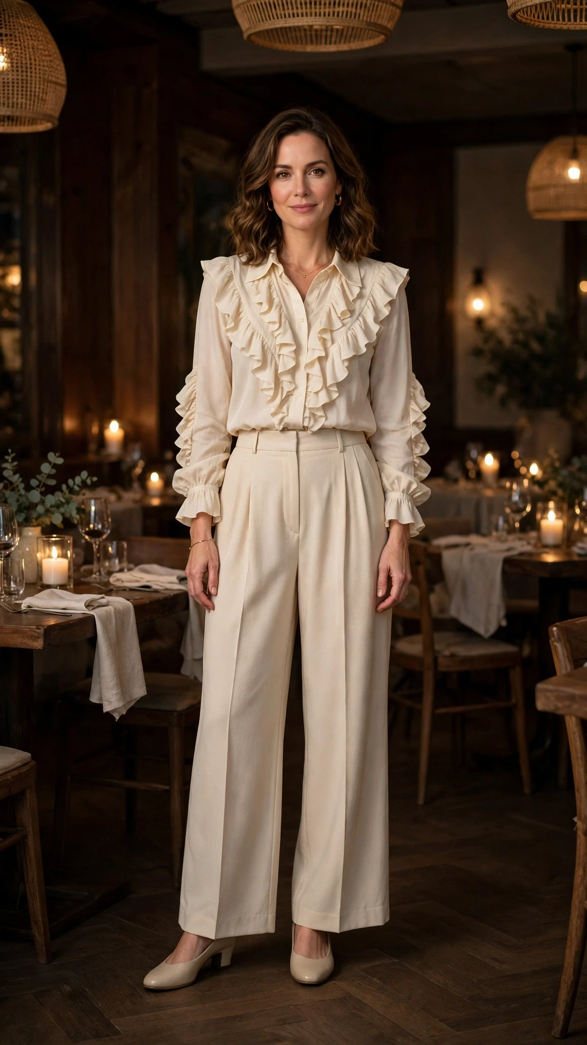 Cream Ruffle Blouse and Wide-Leg Trousers with comfortable low heels