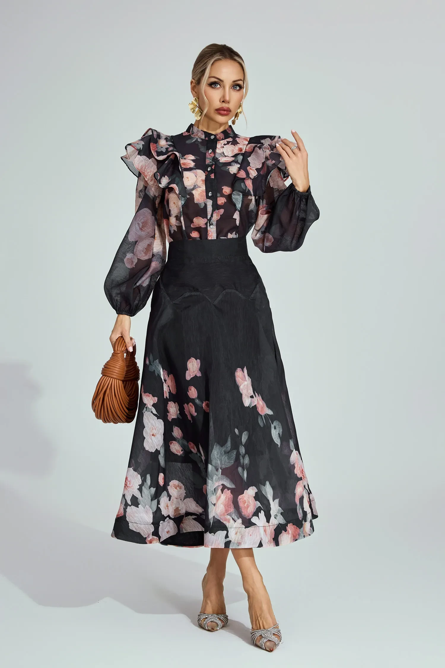 Floral Ruffle Sleeve Blouse and Skirt with a black satin clutch