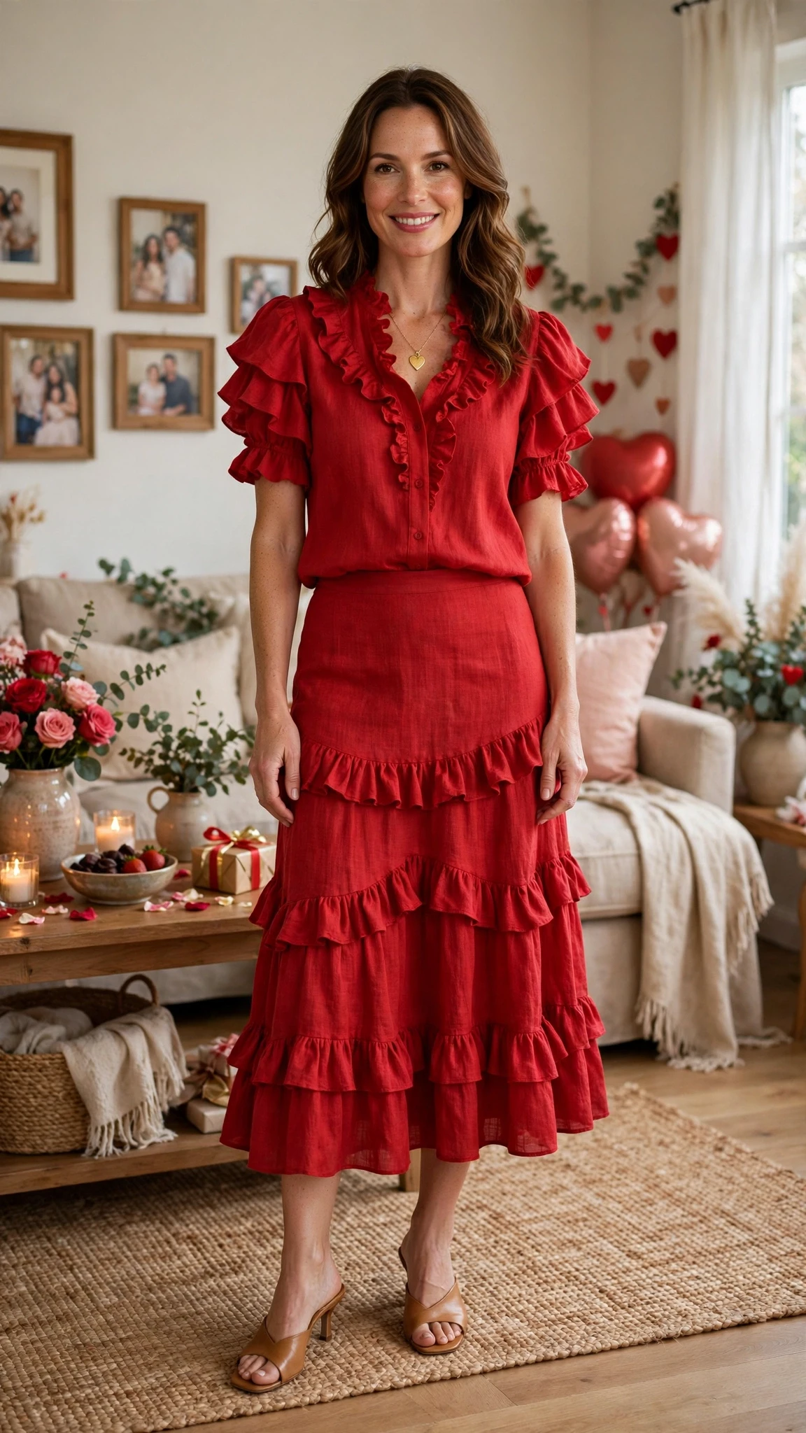 Red Ruffle Sleeve Blouse and Skirt with a gold pendant necklace