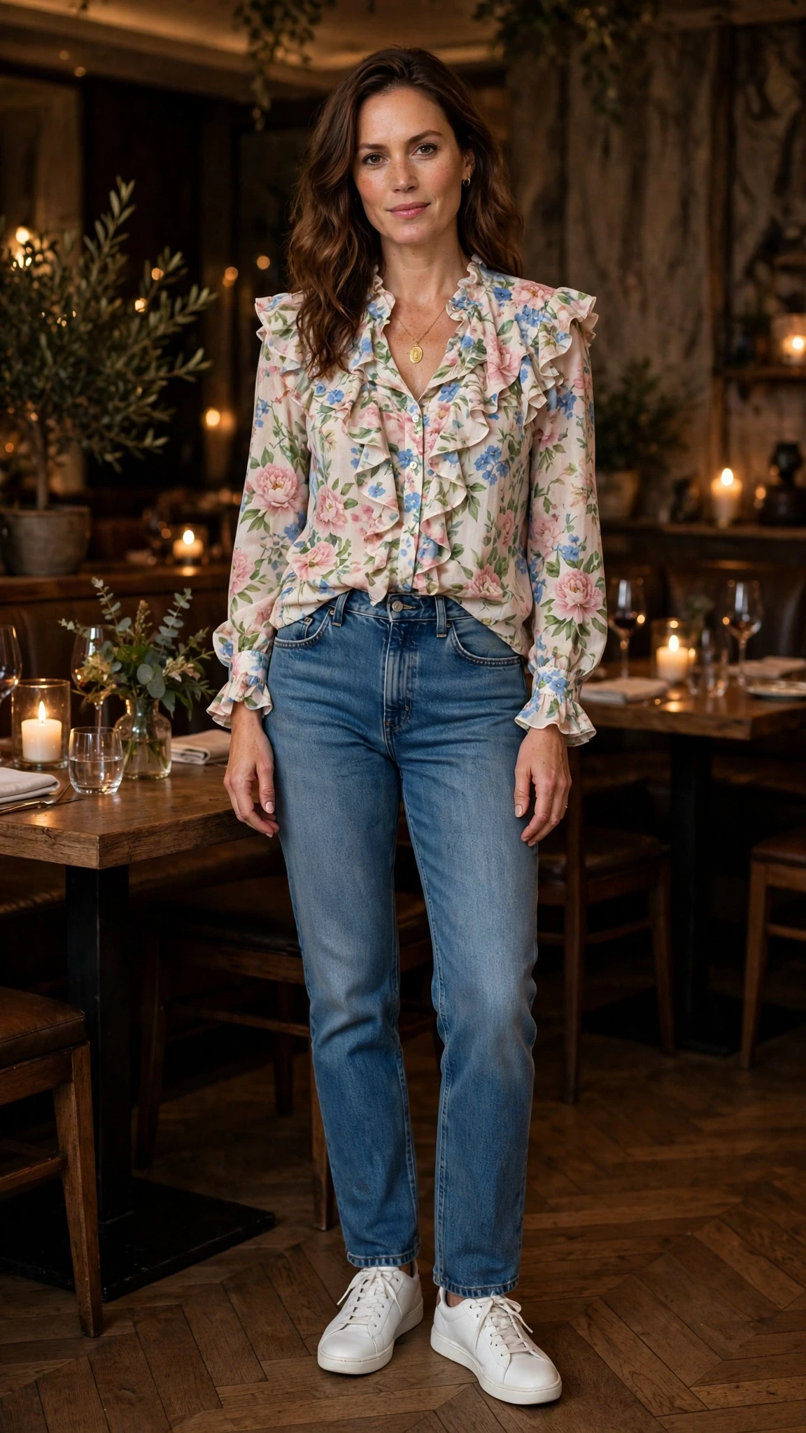 Floral Ruffle Blouse and Jeans with a gold pendant necklace