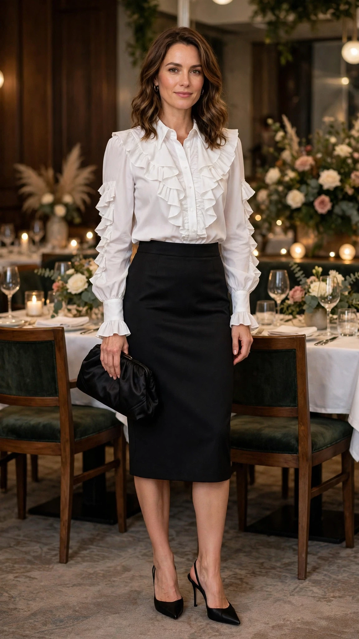 White Ruffle Blouse and Pencil Skirt with a black satin clutch